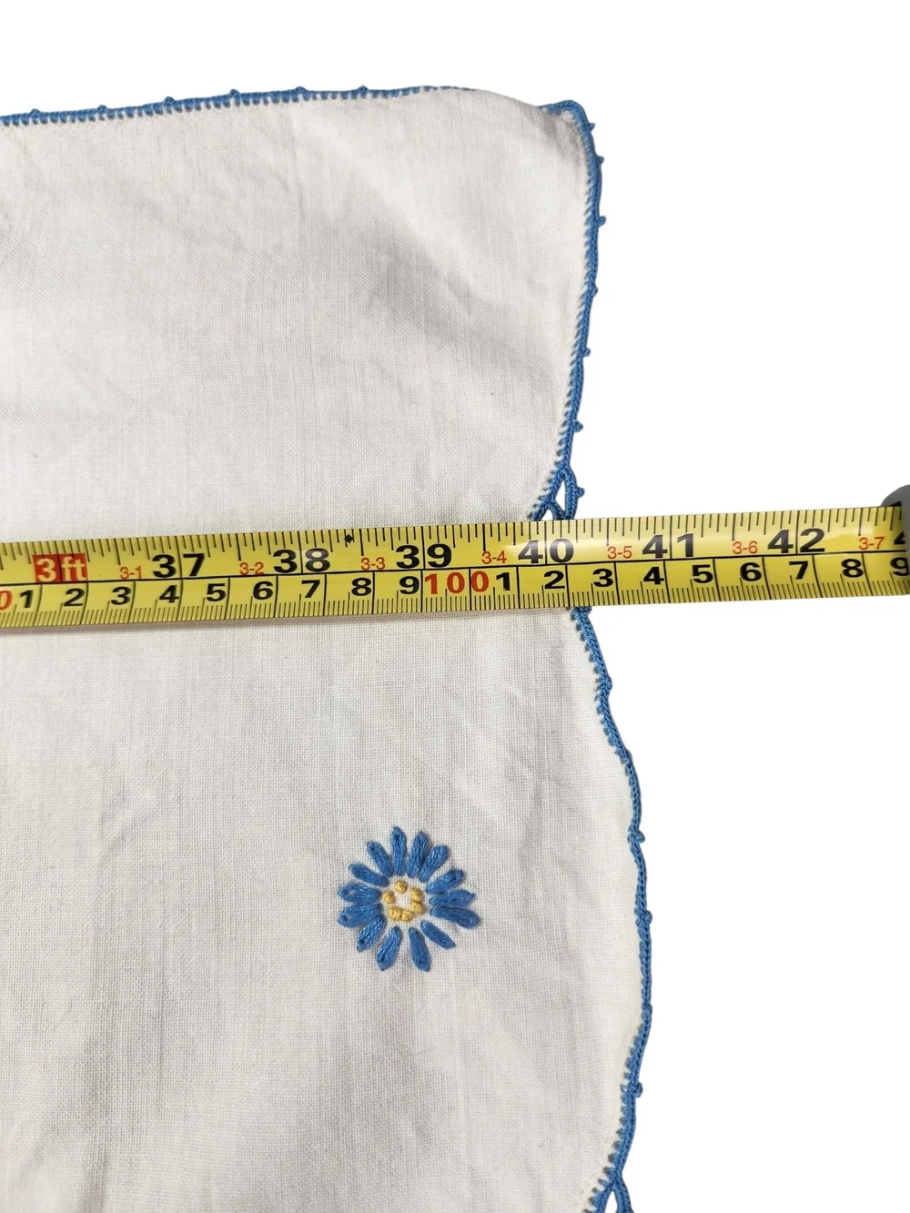 Vintage Hand Embroidered Linen Table Runner Dresser Scalloped Edge Blue Pink